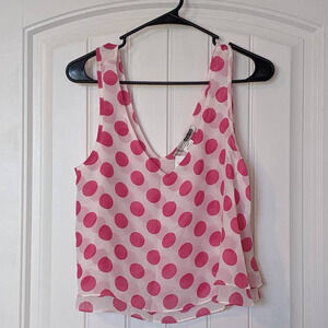 Necessary Objects Layered Flowy Polka Dot Crop Top White Pink Large Sleeveless